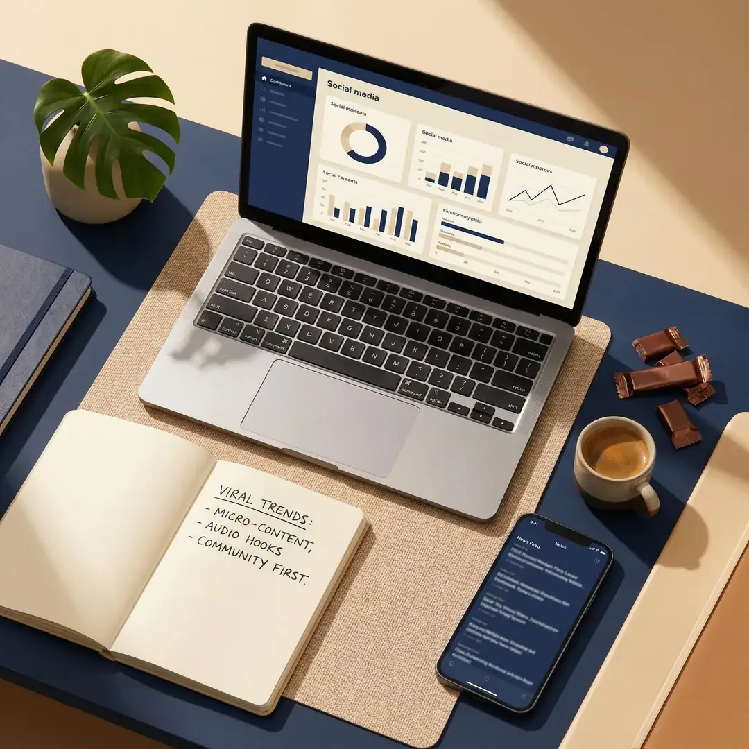 NateEatsHawaii LLC marketing agency workspace — laptop showing social media analytics dashboard, notebook with viral trends notes, and espresso