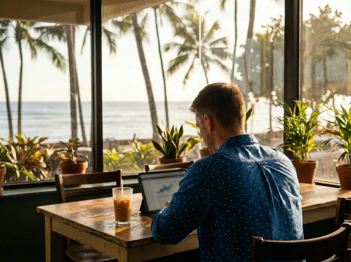 Honolulu local business owner reviewing trending news on a tablet at a tropical cafe overlooking the Pacific Ocean
