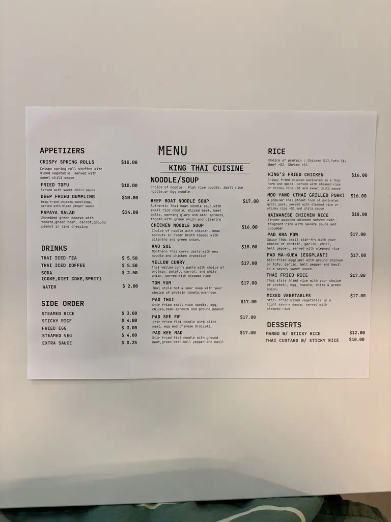 King Thai Cuisine full menu with prices at Midtown Eats food hall