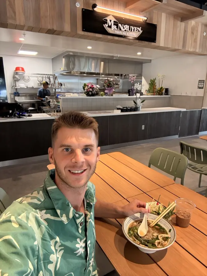 Nate from NateEatsHawaii enjoying chicken pho at Ms Nguyen Banh Mi