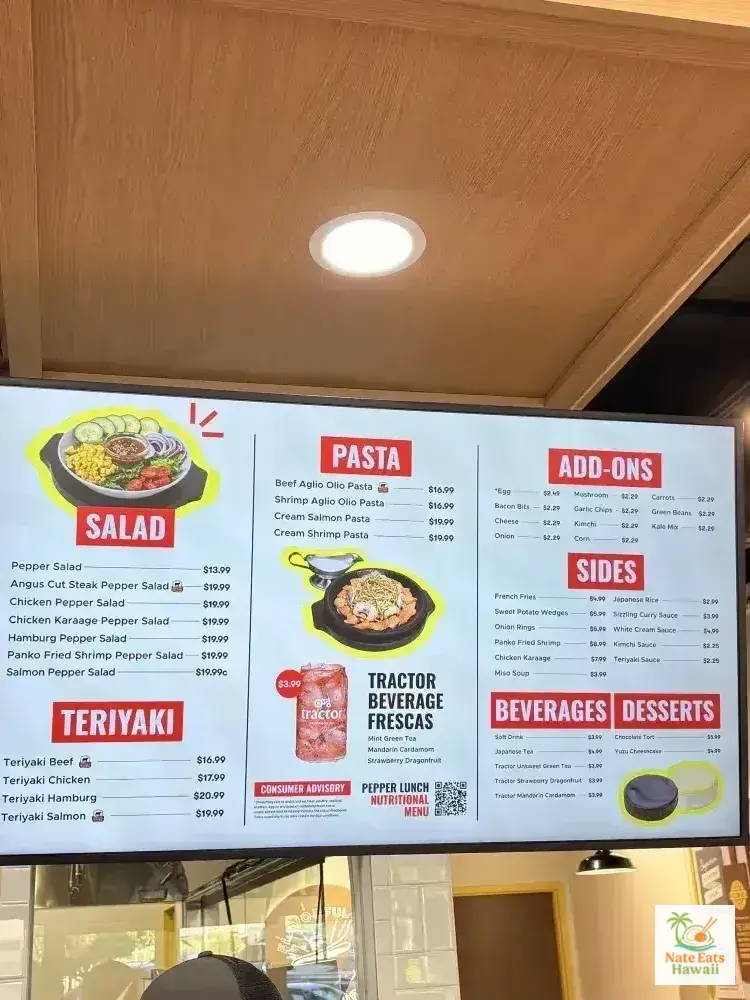 Pepper Lunch Hawaii menu showing Salad, Pasta, Teriyaki, Sides, and Drinks prices