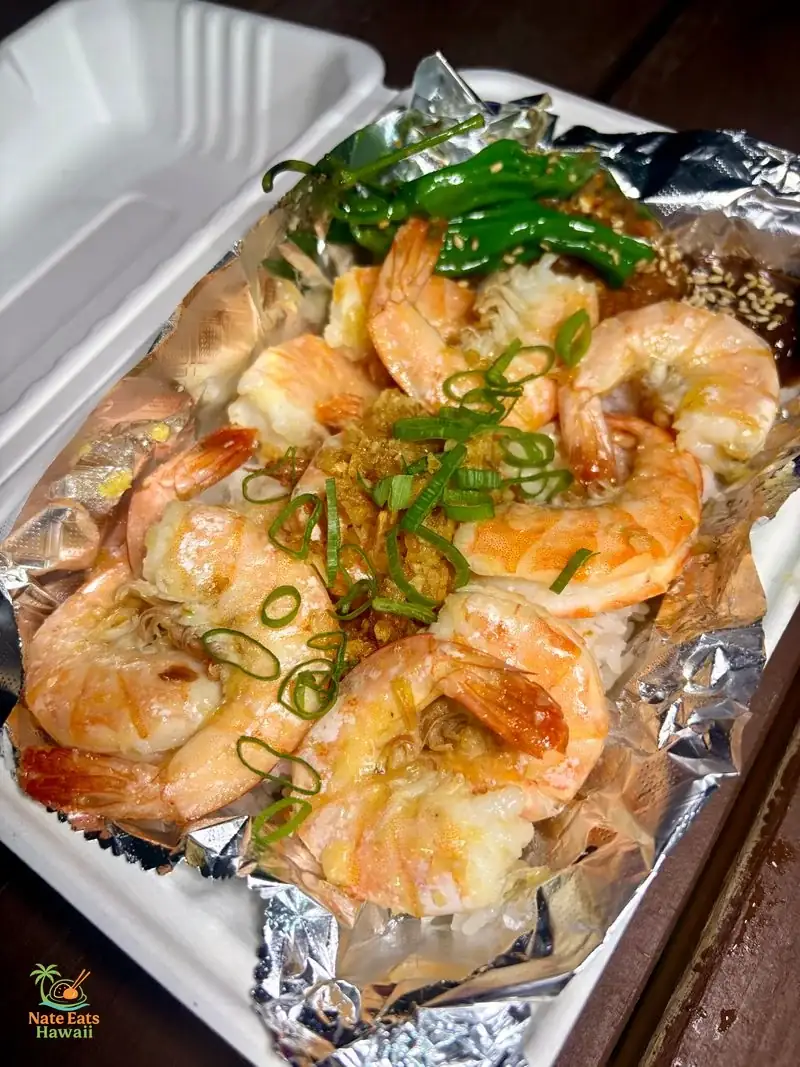Butter Garlic Shrimp Plate from Rice & Fries Waikiki food truck