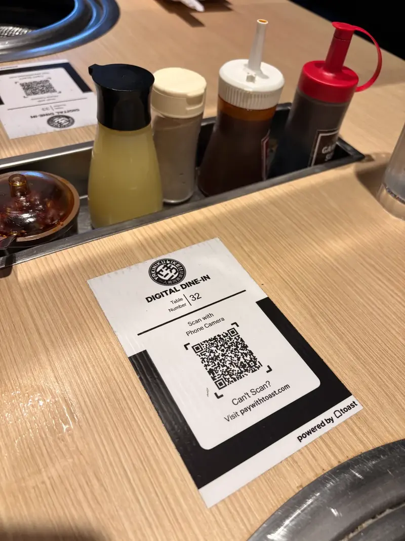 Yakiniku Like Hawaii Digital Dine-In QR code at Table 32 with condiment sauces - garlic soy, lemon juice, salt and pepper
