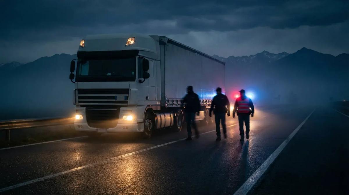 Cinematic nighttime scene of a white European cargo truck stopped on a foggy Italian highway with figures approaching — KitKat heist marketing lessons